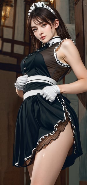 Masterpiece, Top Quality, Fighting Maid, Small Breasts, Holding Sword Hilt, (White Hands), Detailed Skin Texture, Perfect Long Skirted Black Maid Uniform with Ruffles, Red Ribbons on Stomach and Head, Long Legs, Perfect Proportion, Beautiful and Perfect Hands, Long Hair with Chestnut Mesh, Well-proportioned Round Face, Well-proportioned Large Eyes, Sparkling Eye Highlights, Plump Glossy Lips, White Skin, Solo, Digital Art, Digital Illustration, 350mm Telephoto, Shallow Depth of Field, Blurred Background, Realistic Rendering, Realistic Rendering, Unreal Engine, Finely Crafted Details, (Noise Reduction), (Physiologically Correct Body), (Correct 5 Fingers), (Correct Both Hands)