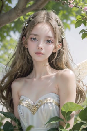 A soft golden light filters through the leaves of an ancient tree, illuminating the delicate features of a fairy princess holding a flower in her hand. She floats in mid-air, surrounded by lush greenery and vibrant flowers. The transparent wings on her back shine like glass, her porcelain skin gleams with a subtle sheen, and her noble features, radiant smile and large eyes are accentuated with tiny, starry highlights. Her long golden hair cascades down her back, and her shimmering wings spread out like a fan of delicate petals. Verdant ivy vine leaves decorate the background. The air is filled with a mystical aura, almost enchanting. Her beauty is elevated to a higher level, making her a living embodiment of beauty and enchantment. masterpiece, ultra detailed, high resolution, 8K, HD, realistic rendering, reality based rendering, Unreal Engine, intricate details, (denoising), solo, Detailedface, realism, raw photo, photo, photorealism, photography, one girl, young beauty spirit, world's best face, Enhance, Detailedface, perfect, one girl, (8k sharp focus), ultra photorealism, detail, masterpiece, color booster, on the road, ((photography_light)), European girl, (face make_up), epiC35mm, (front facing: 1)