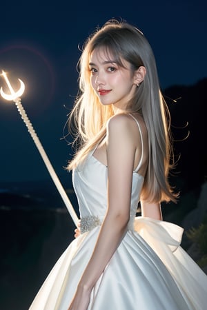 (Side view), (A cute goddess stands on a cliff at night), (Her supple silver hair is blowing in the wind, and her staff is pointed high to the sky), Vibrational energy appears in the sky in the form of a circle of runes,. High bangs, a gentle smile, her large, well-shaped eyes sparkling with highlights, gently shaped eyebrows, round nose, plump cheeks and lips, the moonlight illuminating her white skin and detailing her white dress, her lively expression makes the magical being more realistic. Perfect hands, HD, digital art, digital illustration, 350mm telephoto, shallow depth of field, out of focus background, realistic rendering, Unreal Engine, meticulously crafted details, (Noise reduction), ((Body turned 45 degrees, Detailed face, Real hands, Young beauty spirit)), (Physiologically correct body), (Correct five fingers), (Correct two limbs)