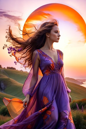 Masterpiece, detailed texture, high quality, high resolution, high precision, realism, color correction, Ukrainian girl standing in the midst of a magnificent sunset created by nature, long dress blends with the sunset, double exposure, wind gently blows her hair, orange and purple texture, fantastic, graceful