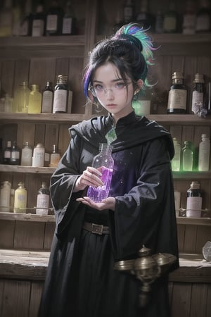 (Slender pretty girl conducting a mysterious potion refining experiment in a medieval castle room), serious face, black hair up and wearing round glasses, black robe, (multicolored glowing potion ampoule crystal bottles are packed tightly on the shelf behind: 1.4), 5 fingers, 2 arms,