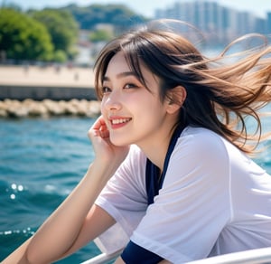 (Front view), (A cute 18-year-old girl is on a cruiser on the water, her supple silver hair blowing in the wind), gazing at the horizon with a captivating profile and narrowed eyes. A gentle smile, high bangs, a gentle smile. Her large, well-shaped eyes shine with highlights, her gently shaped eyebrows, round nose, plump cheeks and lips, and her skin shines with a delicate touch on a summer day. The sunlight shines on her white skin, revealing the swimsuit she is wearing under her T-shirt, and her lively expression gives off a magical presence.