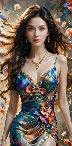 score_9, score_8_up, score_7_up, Photo, (Breathtakingly beautiful 20-year-old woman resembling Fan Bingbing), Ultra-realistic, HD, (Head-to-toe illustration), Perfectly shaped face, beautiful big eyes, white skin, perfect figure, walking lightly in a fashion show, silky brown hair, colorful long dress with multiple layers of silk and split front, (Necklace and earrings shining in the spotlight), Beautiful flowing hair, digital art, detailed watercolor painting,Expressiveh,Flower queen