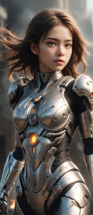 (masterpiece, best quality, ultra-detailed, 8K),A sweeping, low-angle shot captures a 16-year-old girl as she heads into battle in a silver combat cybersuit. Her fierce features are exquisitely rendered, with large, shapely eyes and brows. She holds her gun in place, and you can see her determination in her eyes as she annihilates her enemies. Behind her, a destroyed city burns with flames. Inspired artwork by Clayton Crane, featuring touch-to-life rendering, exquisite detail, and a sense of action. Unreal Engine and denoising techniques bring a more photorealistic image to life.