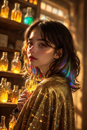 Medieval castle room, ((Cute young girl holding a magic wand like Harry Potter has and making a very small rainbow on a gold plate)), smiling, chestnut mesh hair, wearing round glasses, black robe, (A very large number of colorfully glowing potion ampule crystal bottles are placed on the shelf behind: 1.4), supple and beautiful five fingers, two arms, physiologically correct body, masterpiece, ultra-detailed, high resolution, 8K, HD, realistic rendering, reality-based rendering, Unreal Engine, intricate details, (noise reduction), solo, Detailedface, realism, raw photo, photo, photorealism, photography, one girl, young beauty spirit, world's best face, Enhance, Detailedface, perfect, one girl, (8k sharp focus), ultra photorealism, details, color booster, on the journey, ((photography_light)), European girl, (face make_up), epiC35mm, (facing forward: 1)