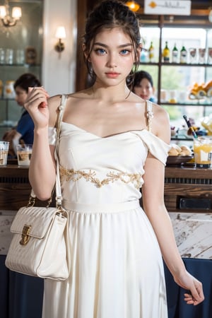 (masterpiece, best quality, ultra-detailed, 8K),Beautiful smiling 16-year-old girl, looking at you, full body view, standing in front of a glass showcase with a Starbucks drink in each hand, brand shopping, navy blue chiffon blouse, stepped white tiered long skirt, gold string pochette slung diagonally over the shoulder, braided sandals, low angle, perfect proportions, round and neat short bob hair, beautiful skin, bright almond-shaped eyes, thin soft eyebrows, round and neat face, detailed pupils with highlights, lip filler, detailed glossy lips, beautiful and perfect hands, HD, shallow depth of field, digital art, digital illustration, 350mm telephoto, shallow depth of field, out of focus background, realistic rendering, (physiologically correct body), (correct five fingers), (correct two limbs)