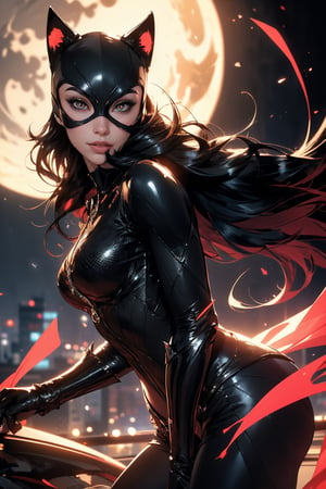 (RAW Photo, Best Quality), (Real, Photorealistic: 1.1), Best Quality, Masterpiece, Beautiful, 16K, (HDR: 1.2), High Contrast, (Vivid Color: 1.3),
1 Cat woman, rooftop of a skyscraper, supple cat pose, long chestnut hair, black shiny cat woman mask, crimson rouge, front view, big eyes glaring at you, fearless smile, body line Sexy black Suits, jet black night sky and supermoon background, cinematic lighting, ambient lighting, side lighting, exquisite details and textures, cinematic shots, warm tones, (bright and intense: 1.1), wide shots, by xm887 , ultra-realistic illustration, natural proportions of Siena, (fantasy theme): 1.3), (fractal artwork: 1.3), low angle view,