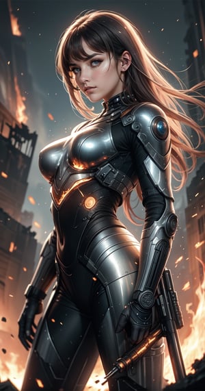 (masterpiece, best quality, ultra-detailed, 8K),A sweeping, low-angle shot captures a 16-year-old girl as she heads into battle in a silver combat cybersuit. Her fierce features are exquisitely rendered, with large, shapely eyes and brows. She holds her gun in place, and you can see her determination in her eyes as she annihilates her enemies. Behind her, a destroyed city burns with flames. Inspired artwork by Clayton Crane, featuring touch-to-life rendering, exquisite detail, and a sense of action. Unreal Engine and denoising techniques bring a more photorealistic image to life.