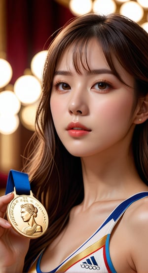 (Cowboy Shot: 1.2), Masterpiece, HD, 8K, Captivating Minimalist Illustration, ((Girl holding Olympic gold medal with lips next to medal))), Leotard, Head tilted slightly to look at you, Delicately drawn face at 45 degree angle in the center, (Long chestnut hair), High bangs, Eyes looking up with chin tucked, Light brown eyes, Highlights in pupils, Full cheeks and lips, Beautiful skin, Small face, All of this is drawn with delicate touches, Palace room in background, Physiologically correct body, Glow, Light, Fantasy, Digital art, Digital illustration, 350mm telephoto, Shallow depth of field, Out of focus but packed auditorium, Ultra-realistic rendering, Realistic rendering, Unreal Engine, Exquisite detail, (Denoised), ((Correct 5 fingers))