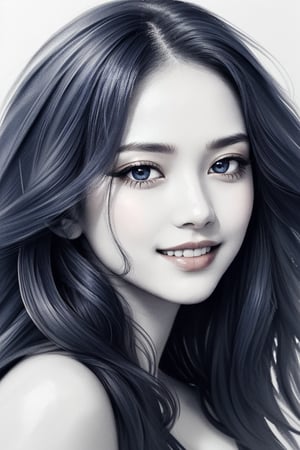 (Very simple line sketch), Cute girl portrait, In frame, Smiling, Eye highlight, Eyes only painted in blue, Lip filler, ((Hair blowing in the wind is beautifully expressed)), Simple face close-up, Drawing lines, Delicate touch, (Portrait sketch: 1.2), Rough sketch, (Line drawing: 1.2), White paper, Black and white, Monochrome,