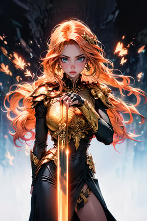 masterpiece, best quality, photorealistic, raw photo, (1 girl, looking at viewer), ((extremely long hair)), front veiw,mechanical gold armor, intricate armor, delicate gold filigree, intricate filigree, gold metal parts, detailed part, dynamic pose, detailed background, dynamic lighting, long red hair, green eyes, dragon background, night,leoarmor,fighting pose, she hold a lightning dragon sword,perfect