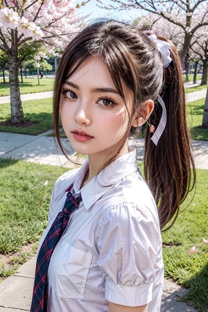 16 year old girl, close-up of face, (super cute high school girl), short, highest quality, 32K, real, high definition, detail, high resolution, medium hair, white blouse with a small ribbon on the collar, white skin, ponytail , a grassy park, many cherry blossom trees, (a girl looking at a large cherry tree in full bloom), (cherry blossom petals spread across the screen), a bright blue sky and the sun, a happy and beautiful smile, shining eyes, elegance, fantasy, sharp focus, fractal art,high_school_girl