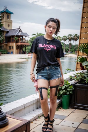 (masterpiece, best quality, ultra-detailed, 8K),Cute 16-year-old girl, fashion magazine cover shoot, from bottom, full body, posing for the camera, (wearing white very long T-shirt and pink shorts), no make-up, pale skin, plump cheeks and lips, (natural expression), (smiling face), (black eyes), perfect proportions, stylish, (silky black hair in ponytail), background is a bright room with ethnic design in a luxury hotel in Bali, (beautiful five-fingered hands), physiologically correct body