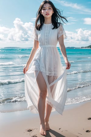  (Best Picture Quality, Ultra-Detailed, 8K), (slender girl in white flared dress, barefoot, walking face down on beach), white teeth, smile, white skin, chestnut mesh hair shining in sun, high bangs, hair and dress hem blowing in pleasant breeze, footprints on beach, happiness, dreamy, paradise, (blue ocean, blue sky, white clouds, flying seagull in background), person in frame