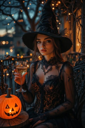 score_9,score_8_up,score_7_up,Very exquisite,Masterpiece,Best quality,High quality,High resolution,4k,8k,RAW photo,Official art,(Very aesthetic,Beautiful,Fantasy),On a magical Halloween night, a witch in a very sexy black and gold embroidered costume and pointed hat is sitting on a gothic terrace, enjoying the night with a wine glass. The light of the pumpkin lantern next to her makes her look more beautiful, her slightly flushed face, her melted eyes, HD,Digital art,Digital illustration,350mm telephoto,Shallow depth of field,Out of focus background,Realistic rendering,Unreal Engine,Fine details,(Noise reduction),