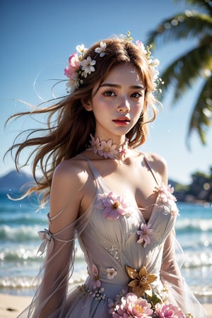 (masterpiece, realistic, 16K), one girl decorated with beautiful flowers, smiling face, floral ornament, (high neck chest hidden sleeveless floral dress), upper body, natural makeup, long chestnut hair, long sleeves, transparency, three-dimensional effect, plants, pink and purple flowers, glitter, (shy smile), bright sunlight and shadow, ultra-realistic photography, pastel background and pastel blur, multiple exposure, exquisite details and textures, sparkling photography, natural proportions in sienna, (wind:0.5), dynamic pose, vibrant light and shadow grain, color 66mm film analog photography, 350mm lens, shallow depth of field, chrome film, Lomography, slightly dreamy hazy film grain effect, flower art,Beautiful Beach