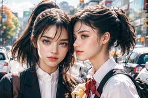 (masterpiece, best quality, ultra-detailed, 8K),
Two cute 16-year-old Japanese schoolgirls, two with different faces and hairstyles, pure, uniform, perfect figure, no make-up, shoulder school bag, (walking along a beautiful tree-lined street while talking to each other happily), (natural expression), (smiling face), happy, open-mouthed laugh, dark eyes, perfect proportions, (smooth chestnut hair in a ponytail with a ribbon), low angle, youth, summer sunshine, sparkling, heat haze, five fingers, a wonderful masterpiece with a dream,