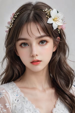Masterpiece, HD, 16K, A captivating minimalist illustration of a 16-year-old girl. ((Upper body shot)), low angle, drawn with delicate and exquisite touches, long wavy hair, high bangs, flower hair ornament, large, well-defined eyes, thin eyebrows, plump cheeks and lips, white skin, elegantly dressed in clothes straight out of a fashion magazine, a picture emphasized with delicate and colorful touches, the background is pure white space, the girl's magical presence is reflected in her vitality and lively expression. ,More rational details, sparkling