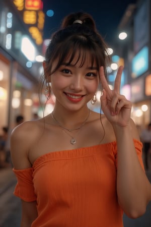 score_9, score_8_up, score_7_up, Masterpiece, Top Quality, High Resolution, High Definition, 8K, Detailed Details, Night view of a big city, Sparkle and glitter, Close-up of a front view of a woman with a charming smile, 18-year-old woman wearing an off-the-shoulder orange T-shirt, peace sign with two fingers over her eyes with one hand, super attractive and cute expression that attracts everyone, devilish, round face, straight nose, detailed eyes that shine with highlights, detailed glossy small lips, chestnut hair in a ponytail, diamond earrings and necklace, perfect body line, (accurate anatomy), perfect hands, HD, digital art, digital illustration, 350mm telephoto, shallow depth of field, blurred background, realistic rendering, Unreal Engine, finely crafted details, (noise reduction), ((45-degree body, detailed face, real hands, young beauty spirit)), (physiologically correct body), (correct five fingers), (correct two limbs),