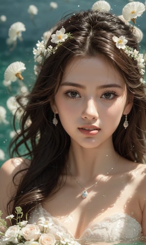 (In the dark sea), (8K, raw photo, best quality, masterpiece), cute bride, slender beauty, (smiling), (wearing wedding dress and bouquet in water), (a swarm of beautiful and shiny jellyfish brightens up the dark sea), (shining dress and long hair swaying in the water), delicate facial features, smiling face, simple and small earrings, necklace, fringe rain, (beautiful big eyes), well-proportioned face, well-proportioned eyes, sparkling highlights in eyes, glossy lips, white skin, realistic hands, photorealistic, ultra-detailed, finely detailed, high resolution, perfect dynamic composition, digital art, digital illustration, 350mm telephoto, shallow depth of field, realistic rendering, sharp photo taken with underwater camera, Unreal Engine, fine details, (noise reduction), (physiologically correct body), (correct five fingers), (correct two hands),