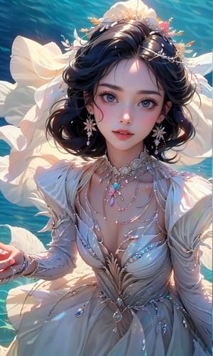 (8K, Raw Photo, Best Quality, Masterpiece: 1.2), Sexy and cute bride, Slender beauty, (Wearing wedding dress and bouquet in water), Beautiful coral reef and school of colorful fish, Smiling face, (Dress and long hair swaying and sparkling in water), Delicate facial features, Simple and small earrings, Necklace, Fringe rain, (Beautiful big eyes), Well-proportioned face, Well-proportioned eyes, Sparkling highlights in eyes, Glossy lips, White skin, Realistic hands, Photorealistic, Ultra-detailed, Finely detailed, High resolution, Perfect dynamic composition, Digital art, Digital illustration, 350mm telephoto, Shallow depth of field, Realistic rendering, Sharp photo taken with underwater camera, Unreal Engine, Fine details, (Noise reduction), (Physiologically correct body), (Correct 5 fingers), (Correct 2 hands), Dream girl, Mermaid
