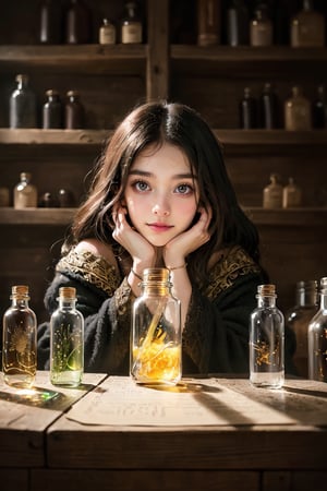 (Slender pretty girl making a little rainbow with magic over a row of test tubes in a medieval castle room), holding a stick wand, smiling, wearing round glasses with black braided hair, black robe, (a very large number of colorfully glowing potion ampoule crystal bottles are placed on the shelf behind her: 1.4), 5 supple and beautiful fingers, 2 arms, physiologically correct body, masterpiece, ultra-detailed, high resolution, 8K, HD, realistic rendering, reality-based rendering, Unreal Engine, intricate details, (noise reduction), solo, Detailedface, realism, raw photo, photo, photorealism, photography, one girl, young beauty spirit, world's best face, Enhance, Detailedface, perfect, one girl, (8k sharp focus), ultra-photorealism, details, color booster, on a journey, ((photography_light)), European girl, (face make_up), epiC35mm, (facing forward: 1)