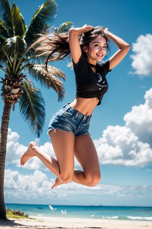 18 year old girl, ((full body view)), low angle, beautiful face, slender body, big eyes, eye highlights, beautiful detailed face, white skin, long shiny chestnut hair, high bangs, lips Filler, a happy smile, a chibi T-shirt tied at the hem, shorts and distressed jeans,
California Oceanfront Street, ((girl jumps towards the sky with both feet together)), speed, intensity, swaying hair, lush palm trees, detail, dynamic background, shiny texture, depth , movement, dynamism, energy, vivid, spectacular scene, detail super detail, 8K, film lighting, shallow depth of field, out of focus, film lighting, bright sun, blue sky and white clouds, seagulls, has a sword,