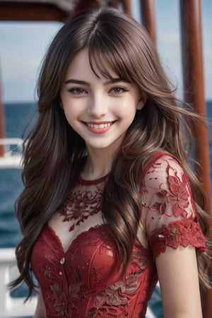 (Top Quality, 8K, High Resolution, Masterpiece), Ultra Detailed, A girl standing on the deck of a cruiser, A beautiful 16 year old female with perfect details, (Upper Body), Natural Beautiful White Skin, (Putting her hands on the railing, squinting and smiling, looking into the distance), Round face, Dark brown eyes with highlights, Lip Filler, Perfect body lines, Detailed glossy lips, High bangs, (Detailed mesh hair blowing in the wind), Wearing a beautiful red dress that catches everyone's eye, Sea and sky in the background, (Accurate Anatomy), Perfect Hands, HD, Shallow Depth of Field,