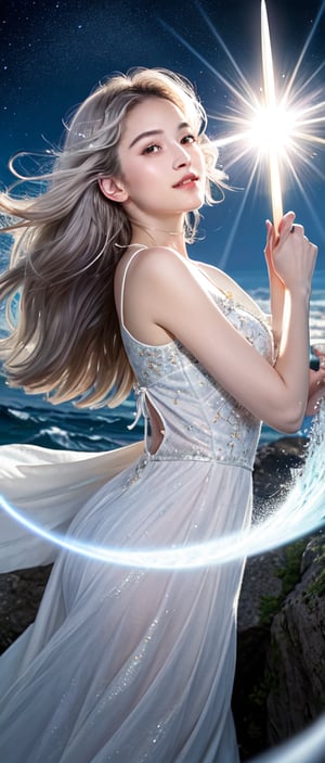 (Side view), looking at us, (A slender, cute goddess with a glowing aura stands on a cliff), (Her supple silver hair sways in the wind, holding a beautiful, shining spear pointed high towards the sky), (Light emerges as a circular holographic wave energy above her head), high bangs, a gentle smile, her large, well-shaped eyes shining with highlights, gently shaped eyebrows, a round nose, plump cheeks and lips, a pale light illuminating her white skin, she is wearing a detailed embroidered dress like a celestial maiden, her lively expression makes the presence of the magic circle more real. Perfect hands and fingers, HD, digital art, digital illustration, 350mm telephoto,