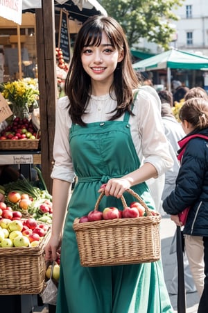1 girl, happily walking through a French morning market marché with a bag of apples, a lively market, the morning sun pouring down, shining golden hair, emerald green eyes shining,