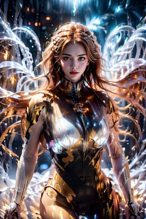 (masterpiece, authentic, 16K), girl in shining armor, slender body, (full body image), (looking at the camera with a sword), striking white skin, no cheeks, chestnut hair, thin eyebrows, (a white wolf with red eyes is next to her), transparency, three-dimensionality, background of a destroyed futuristic city at night, ultra-realistic photo, blur, multiple exposure, exquisite details and texture, dark and scary photo, Delacroix's depiction, (wind: 0.5), vivid light and shadow grain, color 66mm film, 350mm lens, shallow depth of field, chrome film, Lomography, blurry film grain, a scene from a movie, fractal art, two limbs, five fingers,swordup