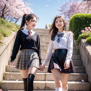 ((2 girls)), 16 years old, (very pretty high school girl), (composition looking up from below), highest quality, 32K, realistic, high resolution, detail, high resolution, front, short,medium hair, long sleeved blouse with white collar, white skin, ponytail, ((same school uniform)), middle tartan check Skirt, dark blue shoulder bag over her shoulder, white socks and black leather shoes, (they are walking down the stairs in the park), they are smiling, many cherry trees on the stairs, cherry petals dancing all over the screen, bright blue sky, sun, beautiful shining cute smile, shining eyes, skirt and hair swaying in the wind, magnificent, Fantastic, sharp focus, wind flow, cowboy shot