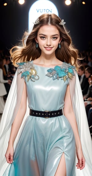 In this exquisite masterpiece, a super-detailed 8K illustration of a 16-year-old girl walking down a fashion runway, her beautiful, shiny soft chestnut hair frames her smile. Her round face radiates warmth, her large, well-defined eyes highlight the pupils and gently shaped eyebrows. She has a plump nose and lips on top of her pale skin. She struts along wearing Louis Vuitton's latest designer dress and accessories in the latest colorful patterns. The artwork is full of delicate and colorful touches, reflecting the girl's magical existence through her vitality and lively expression. Sparkling, dreamy lighting illuminates the scene, making it seem as if you are immersed in the magic of the movie.