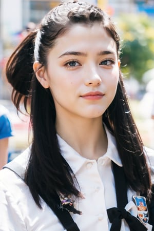 (masterpiece, best quality, ultra-detailed, 8K),Cute 16-year-old high school girl, from bottom, close-up, high school uniform, perfect figure, no makeup, plump cheeks and lips, (natural expression), (smiling face), (black eyes), perfect proportions, (silky black hair in a ponytail with a ribbon), low angle, summer sunlight, sparkling, heat haze, five fingers on hand, correct hand shape