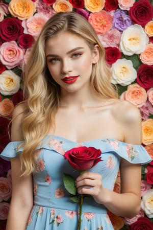 Cute 16 year old girl holding a single rose petal between her lips, long blonde hair, off-the-shoulder dress, colorful floral wall in the background