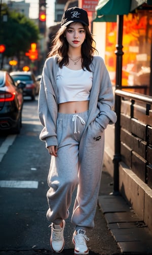 (Young goddess in hip hop fashion), 14 year old Russian dancer, (((full body))), (park visible in background)), body framing, perfect proportions, round face, (thick gray sweatpants), (white t-shirt with pink logo), yacht parka, colorful dancing shoes, belly, (gray very short curly bobbed hair with black cap hat worn diagonally), decisive face with hands in pockets and chin pulled back, (boosted hair color), (very dark top hair), (dark brown eyes), highlights on eyes, (makeup, eye shadow, eyeliner), (high nose ), eye shadow, lip filler, (lips slightly open to show 2 upper front teeth), smile, thin cheek rouge, makeup, earrings, necklace, (small round chest), round buttocks, (thin waist), ((light skin tone)), ³ masterpiece, super detailed, high resolution, 8K, HD, realistic rendering, Reality Based Rendering , Unreal Engine, Complex Detail, (Noise Removal), Solo, Detailedface, Realism, Raw Photo, Photography, Photorealism, Photoshoot, One Girl, Young Beauty Spirit, World's Best Face, Enhance, Detailedface, Perfect, (8k sharp focus), Ultra Photorealism, Detail, Masterpiece, Color Booster, European Girl, (Face Makeup), epiC35mm, (Front: 1), Photorealistic, (2 limbs, 5 fingers)