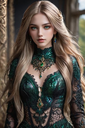 (Full body shot), (Top quality, 8K, high resolution, masterpiece), Ultra detailed, (Goddess standing on a hill in England), Natural beautiful white skin, (Hands on banister, squinting, looking into the distance), Round face, Pointy chin, Deep green eyes with highlights, Lip filler, Gorgeous gold earrings and necklace, Detailed glossy lips, ((Beautiful blonde mesh hair blowing in the wind)), Perfect body lines, Wearing a black opera costume dress with lots of sequins, ((Sequins shine in rainbow colors)), Sky, clouds and light background that looks like a god descending, (Accurate anatomy), Perfect hands, HD, Shallow depth of field, Digital art, Digital illustration, 350mm telephoto, Shallow depth of field, Blurred background, Realistic rendering, Realistic rendering, Unreal Engine, Finely crafted details, (Noise reduction), ((Body turned 45 degrees, Detailed face, Real hands, The spirit of youthful beauty), (Physiologically correct body), (Correct five fingers), (Correct two hands)