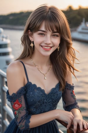 (Top Quality, 8K, High Resolution, Masterpiece), Ultra Detailed, A girl standing on the deck of a cruiser, A beautiful 16 year old female with perfect details, (Upper Body), Natural Beautiful White Skin, (Putting her hands on the railing, squinting and smiling, (Top Quality, 8K, High Resolution, Masterpiece), Ultra Detailed, A girl standing on the deck of a cruiser, A beautiful 16 year old female with perfect details, (Upper Body), Natural Beautiful White Skin, (Placing her hands on the railing, squinting and smiling, looking into the distance), Round face, Light makeup, Dark brown eyes with highlights, Lip filler, Earrings, Necklace, Perfect body lines, Detailed glossy lips, High bangs, (Blonde mesh hair dancing in the wind), Wearing a beautiful dress with red embroidery that catches everyone's eye, Sea and sky in the background, (Accurate Anatomy), Perfect Hands, HD, Shallow Depth of Field,