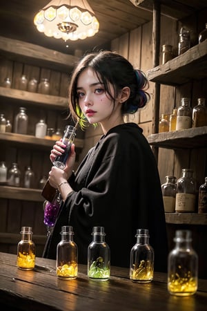 (Slender pretty girl conducting a mysterious potion refining experiment in a medieval castle room), serious face, black hair up and wearing round glasses, black robe, (multicolored glowing potion ampoule crystal bottles are packed tightly on the shelf behind: 1.4), 5 fingers, 2 arms, masterpiece, ultra-detailed, high resolution, 8K, HD, realistic rendering, reality-based rendering, Unreal Engine, intricate details, (noise reduction), solo, Detailedface, realism, raw photo, photo, photorealism, photography, 1 girl, young beauty spirit, world's best face, Enhance, Detailedface, perfect, 1 girl, (8k sharp focus), ultra photorealism, detailed, color booster, on the road, ((photography_light)), European girl, (face make_up), epiC35mm, (facing forward: 1)