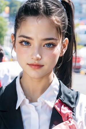 (masterpiece, best quality, ultra-detailed, 8K),Cute 16-year-old high school girl, close-up, high school uniform, perfect figure, no makeup, (natural expression), (smiling face), black eyes, perfect proportions, (smooth black hair in a ponytail with ribbon), low angle, summer sunlight, glitter, heat haze, five-fingered hand, correct hand shape