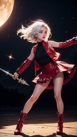 (masterpiece, best quality, ultra-detailed, 8K),1 slender beauty girl , ((front veiw)),night,white hair, hair ornaments,green eyes,red long coat, (flared mini skirt), piercing, thick eyebrows,(red high neck sleeveless),(red cuffs on wrist), full body,  red ankle boots,spot light,Swaying in the wind, soaring, fractal art,flowers dancing, galaxy background,dancing girl ,upper body,(have a double-edged spear)