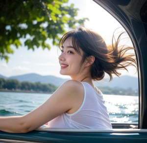 (Front view), (A cute 18-year-old girl is on a cruiser on the water, her supple silver hair blowing in the wind), gazing at the horizon with a captivating profile and narrowed eyes. A gentle smile, high bangs, a gentle smile. Her large, well-shaped eyes shine with highlights, her gently shaped eyebrows, round nose, plump cheeks and lips, and her skin shines with a delicate touch on a summer day. The sunlight shines on her white skin, revealing the swimsuit she is wearing under her T-shirt, and her lively expression gives off a magical presence.