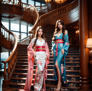 ((2 beautiful goddesses)), (The two are standing on the stairs wearing beautiful red and blue kimonos layered like gowns), The kimono has a dragon pattern, low angle, (The gorgeous lobby with high ceilings of the cruise ship Queen Elizabeth II, with a spiral staircase in the middle), The window shows blue sky, bright lighting,,((Full body)), Front view, Perfect proportions, Long legs, Round face, (Puffed hair color), (Very high top hair), (Dark blue eyes), (Highlights on eyes), Pale skin, Pale cheeks, (High nose), Smiling face, Lip filler, Pink gloss rouge, Piercing, Necklace, ((Small chest)), (Slim waist), ((Light skin tone)), Masterpiece, Ultra-detailed, High resolution, 8K, HD, Intricate details, (Noise reduction), Solo, Detailed face, Real, Photo, Photorealism, 350mm lens, Out of focus, One girl, Spirit of young beauty, World's best face, Enhance, Detailedface, Perfect, (8k sharp focus), Ultra Photorealistic, Color Booster, (Front: 1) Photorealistic, (2 limbs, 5 fingers), Correct limbs, correct fingers, No spectators