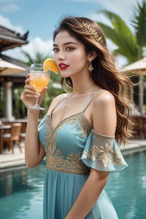 Side view, 16 year old smiling very cute girl, she is in Bali to refresh, upper body, wearing pearl blue dress with gold embroidery, ((Holding a cocktail glass in her right hand and enjoying a luxurious time at the poolside bar)), fresh wind blowing her hair, low angle, perfect proportions, long chestnut hair, beautiful skin, beautiful gray eyes, thin soft eyebrows, round and gentle face, detailed eyes with highlights, plump cheeks, lip filler, detailed glossy lips, beautiful slender hands, beautiful background of Bali, HD, shallow depth of field, digital art, digital illustration, 350mm telephoto, out of focus background, eternal time, (physiologically correct body and limbs), (correct five fingers), (two limbs)