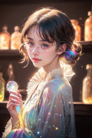 Medieval castle room, ((Cute girl holding a magic wand like Harry Potter's and making a small rainbow in her palm)), smiling, brown mesh hair, wearing round glasses, black robe, (A lot of colorfully glowing potion ampule crystal bottles are placed on the shelf behind: 1.4), 5 supple and beautiful fingers, 2 arms, physiologically correct body, masterpiece, ultra-detailed, high resolution, 8K, HD, realistic rendering, reality-based rendering, Unreal Engine, intricate details, (noise reduction), solo, Detailedface, realism, raw photo, photo, photorealism, photography, 1 girl, young beauty spirit, world's best face, Enhance, Detailedface, perfect, 1 girl, (8k sharp focus), ultra photorealism, details, color booster, on the road, ((photography_light)), European girl, (face make_up), epiC35mm, (facing forward: 1)