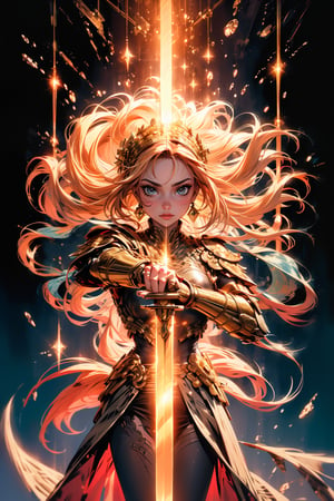 masterpiece, best quality, photorealistic, raw photo, (1 girl, looking at viewer), ((extremely long hair)), front veiw,mechanical gold armor, intricate armor, delicate gold filigree, intricate filigree, gold metal parts, detailed part, dynamic pose, detailed background, dynamic lighting, long red hair, green eyes, dragon background, night,leoarmor,fighting pose, she hold a lightning dragon sword,perfect