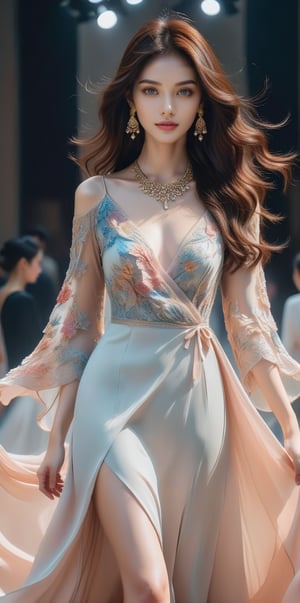 score_9, score_8_up, score_7_up, Photo, (Breathtakingly beautiful 20-year-old woman resembling Chen Yuqi), Ultra-realistic, HD, (Head-to-toe illustration), Perfectly shaped face, beautiful big eyes, white skin, perfect figure, walking lightly in a fashion show, silky brown hair, colorful long dress with multiple layers of silk and split front, (Necklace and earrings shine in the spotlight), Beautiful flowing hair, digital art, detailed watercolor painting