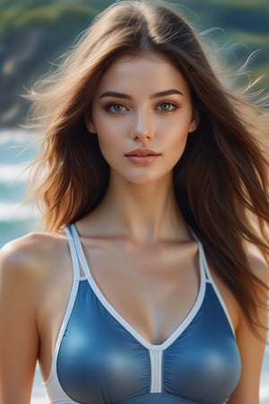 score_9, score_8_up, score_7_up, Raw photo, Breathtakingly beautiful 20 year old Ukrainian woman, Ultra realistic, HD, Head to waist illustration, Perfectly shaped face, Beautiful big eyes, White skin, Perfect figure, Wearing a swimsuit, Pale smile, Beautiful long brown hair blowing in the wind, Digital art, Detailed watercolor painting