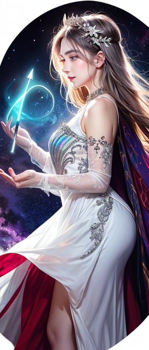 (Side view), (A cute goddess surrounded by a glowing aura stands on a cliff), (Her supple silver hair sways in the wind, holding a beautiful, shining spear high towards the sky), (Holographic vibrational energy shines above her head in the form of circular runes), high bangs, a gentle smile, her large, well-shaped eyes sparkling with highlights, gently shaped eyebrows, a round nose, plump cheeks and lips, the pale light illuminates her white skin, she is wearing a detailed embroidered dress like a celestial maiden, and her vivid expression makes the presence of the magic circle more realistic. Perfect hands and fingers, HD, digital art, digital illustration, 350mm telephoto,