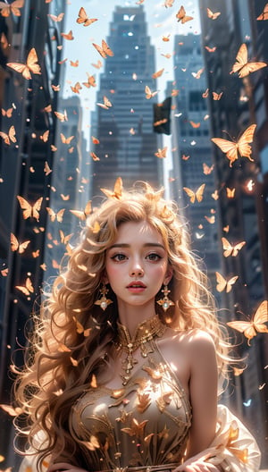 Masterpiece, one big eyed beauty, frontal shot, low angle, thin smile, top quality, super high res, (surreal), ((goddess with arms outstretched, golden butterflies in the sky against midnight skyscraper)), night, red moon in the night sky, many golden butterflies dancing, high neck long dress, long curly hair of the goddess, Pierced, slender body, clear emerald eyes with highlights, lip filler, glossy lips, white skin, physiologically correct body, digital art, digital illustration, 350mm telephoto, shallow depth of field, out of focus background, realistic rendering, realistic rendering Unreal Engine, intricate details, (denoising), ((correct 5 clothes sleeveless, body facing front, detailed face, real hands, young beauty spirit,) 